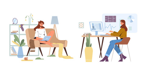 Working from home vs office. Flat official worker at computer in workplace and unofficial woman on sofa in living room. Remote online work on freelance versus office jobs. Employee against freelancer.