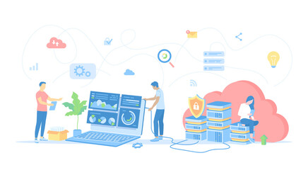 Web Hosting, Data Security, Сloud computing storage, Information processing, Database, Network connection. Hosting servers, computer, clouds. Vector illustration flat style.