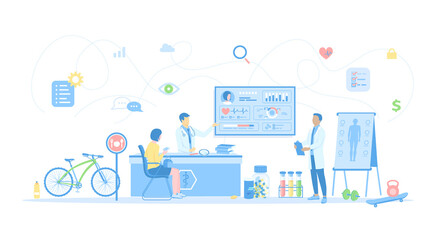 Healthcare, Clinic consultation, Medicine hospital, laboratory testing, Healthy lifestyle. Medical doctors with patient. Vector illustration flat style.