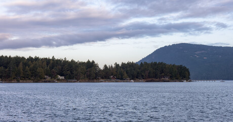 Gulf Islands on the West Coast of Pacific Ocean. Canadian Nature Landscape Background. Summer Sunrise. Near Victoria, Vancouver Island, BC, Canada.