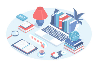 Online library. Literature online service. Electronic books, E-library mobile application, virtual cloud storage, archive. Vector illustration in 3d design. Isometric web banner.