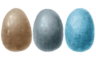 Watercolor set of hand drawn blue, brown, gray colored Easter eggs isolated on white background