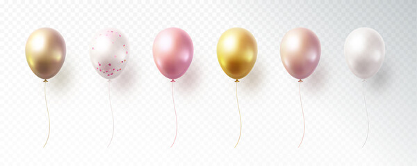 Balloon set isolated on transparent background. Vector realistic gold, pink, bronze, golden rose, white and silver festive 3d helium balloons template for anniversary, birthday party design