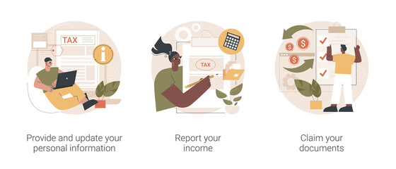 Tax filing abstract concept vector illustration set. Provide and update your personal information, report your income, claim documents, tax credits and expenses, financial report abstract metaphor.