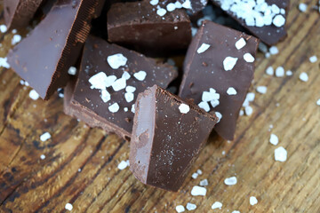 Selective focus. Dark chocolate with sea salt.