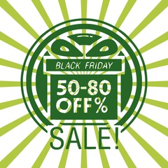 Fototapeta premium Black friday retro sales banner with sunrays, announcing discount, advertisement items, oldskool banner sunburst background