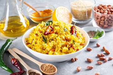 Chitranna or Indian lemon rice in a bowl from South Indian cuisine.