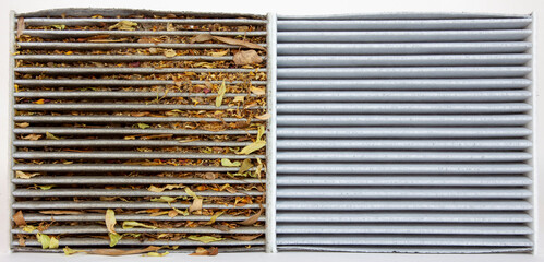 Comparison of dirty automobile cabin air filter with dust, leaves and other external debris with...