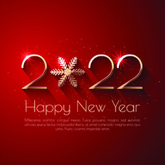 Happy New Year 2022 text design. Red vector greeting illustration with golden numbers and snowflake - 458102589