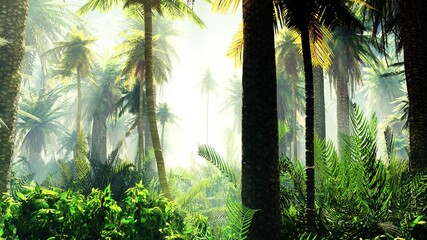 Obraz premium Jungle, rainforest during the plank, palm trees in the morning in the fog, jungle in the haze, 3D rendering