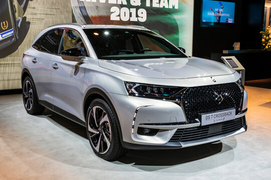 DS7 Crossback E-Tense new hybrid car model shown at the Autosalon 2020 Motor Show.