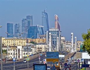 Krymsky Bridge, residential buildings and Moscow-City in Moscow