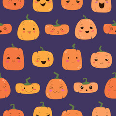 Vector Seamless Halloween Pattern with flat style cute happy pumpkins on purple background funny nice Halloween decoration