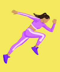 Fototapeta na wymiar Vector illustration of attractive girl in sport suit is running. Running girl for postcard, poster, advertisement. Both running and jogging are forms of aerobic exercise. 