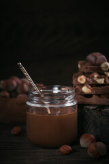 Homemade Chocolate Hazelnut Milk Spread on a dark Background