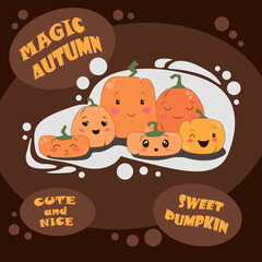 Vector funny pumpkin design decoration for Halloween and Thanksgiving nice poster cute greeting card happy emotion lovely image