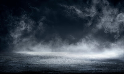 Fog In Darkness - Abstract Defocused Smoke On Wooden Table - Halloween Backdrop - 458104925