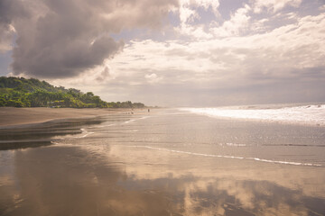 Cloudy sky on a beach with palm trees in the background