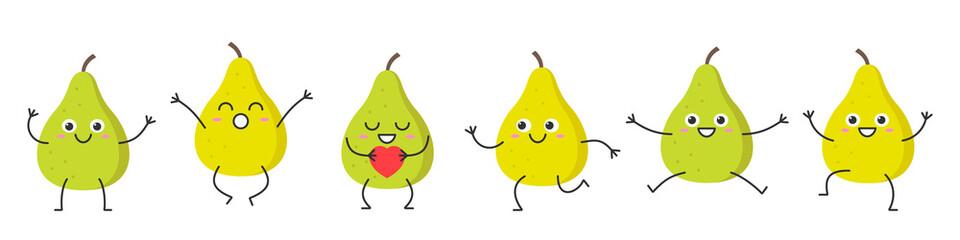 Obraz premium Set pears fruits character cartoon smiling jumping running joy happy emotions icon beautiful vector illustration.