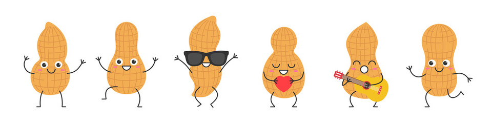 Set peanut character cartoon emotions joy happiness smiling face jumping running sings icon beautiful vector illustration.