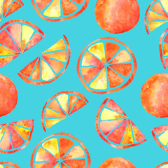 Seamless pattern with watercolor juicy oranges on blue background. Hand painted.