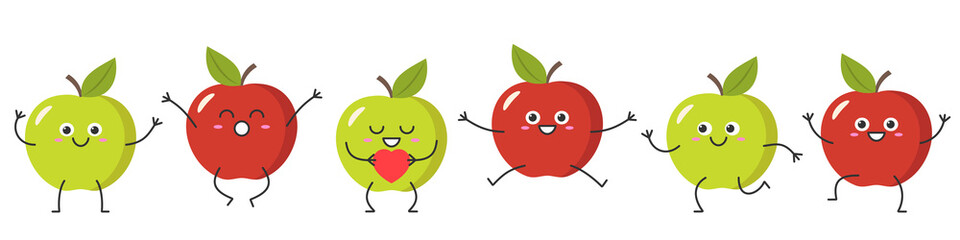 Set apples character cartoon emotions joy happiness smiling face jumping running icon beautiful vector illustration.