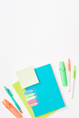 Flat lay school and office supplies on a white background