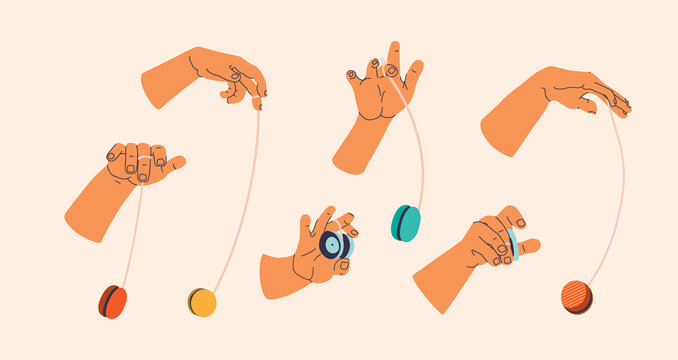 Yo-yo toy. Big set of hands in various poses playing yo-yo. Vector isolated elements.