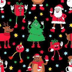 Christmas cartoon characters. Set of vector comic illustrations with snowman, reindeer, Santa Claus, Christmas tree.