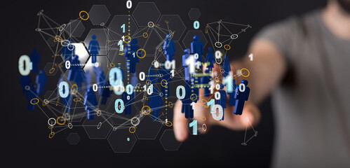 Abstract network of physical devices on the Internet using a network connection with statistics numbers 3d illustration