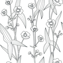 Floral vector pattern set. Seamless backgrounds with hand drawn river flowers, leaves and branches. Graphic monochrome black and white design.