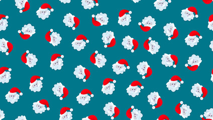 Face of Santa Claus in red hat isolated on blue background. Santa Claus seamless background