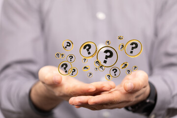 Businessman solving problem with digital question marks 3D rendering