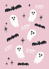 Halloween Cute Vector Pattern with Scary Bat Silhouettes and Spooky Ghosts on Pink Background. Hand Drawn Illustration. Works Well on Posters, Cards and Invitations.