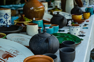 Traditional Romanian handmade ceramics market at the potters fair from Sibiu, Romania