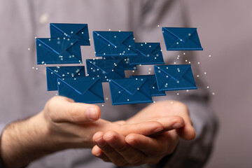 touching 3D rendering flying email icon with his fin