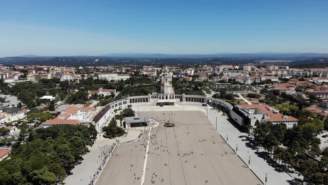 DRONE AERIAL FOOTAGE - The Basilica of Our Lady of the Rosary of Fatima, the Basilica of the Most Holy Trinity, and Chapel of the Apparitions in Fatima, Portugal.