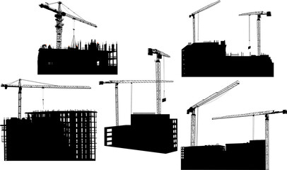five houses building and cranes isolated on white