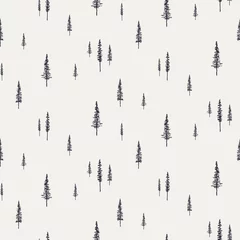 Keuken achterwand Landschap patronen Spar, sparren silhouetten, minimale winter naadloze patroon, zwart op grijze achtergrond. Hand getekend vectorillustratie. Ontwerpconcept voor kindertextiel, modeprint, behang, verpakking.  © Maria Skrigan