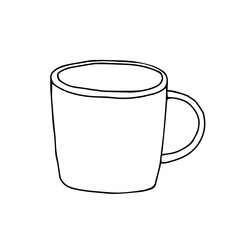 Black and white hand drawing outline vector illustration of a cup for hot tea or coffee isolated on a white background