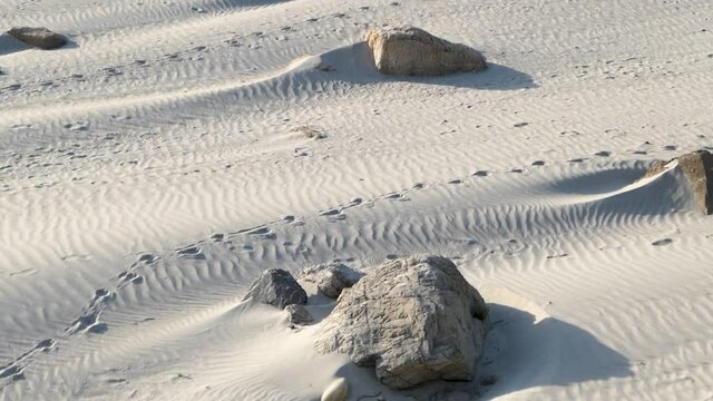 The sandy bank of the Ganga River. Footprints between waves of sand. Windy weather.