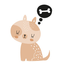Hand Drawn Vector Illustration with Cute Baby Dog Dreaming About Bone. Little Brown Dog on a White Background. Infantile Style Nursery Art ideal for Card, Wall Art, Poster. Funny Sweet Pet Print.