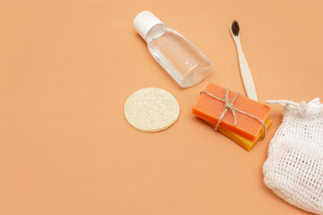 Bathroom accessories with zero waste, natural bristle brush, sponge, bars of solid soap, cosmetic...