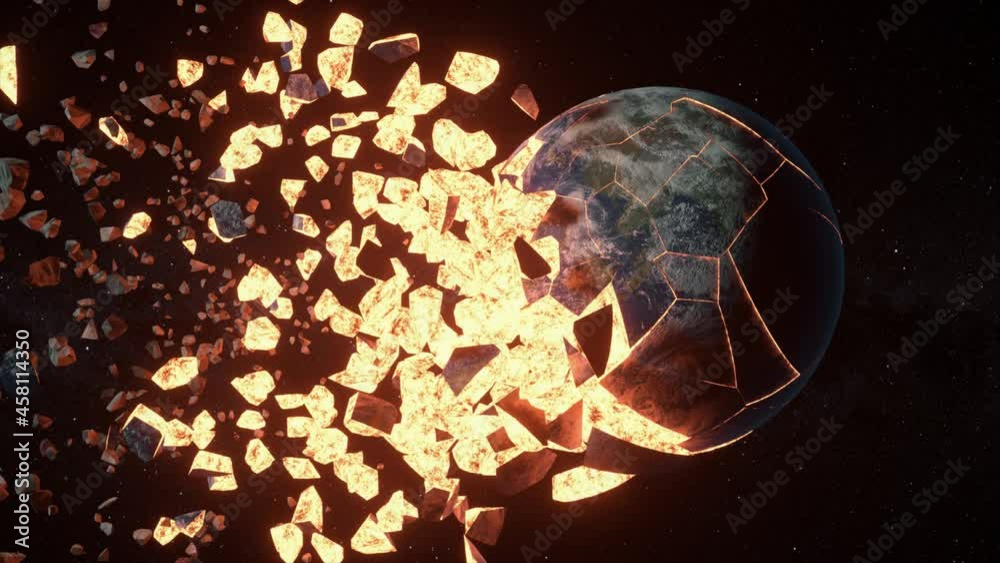 Wall mural collision of planet earth and moon. splitting the planets into small pieces. disaster concept. 3d an