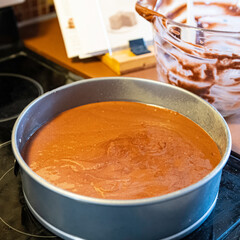 Cake batter in pan before baking