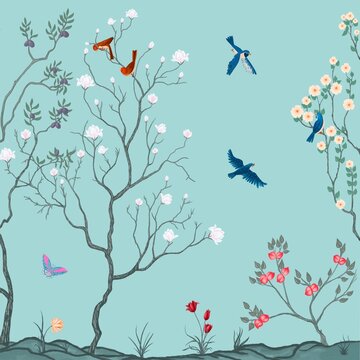 Exotic chinoiserie blue background, wallpaper, murals.Two couples of small birds sitting on the branches of the tree. A butterfly flies in the sky	