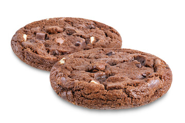 Dark chocolate brownie cookies with chocolate slices on a white isolated background