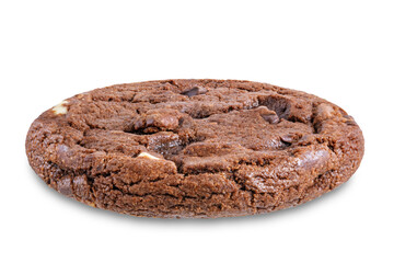 Dark chocolate brownie cookies with chocolate slices on a white isolated background