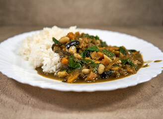 Vegetable stew on the plate with some rice on the other side. 