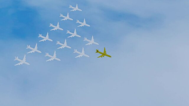 passenger planes are flying like a wedge against the blue sky. leader concept. golden plane ahead. 3d render loop animation
